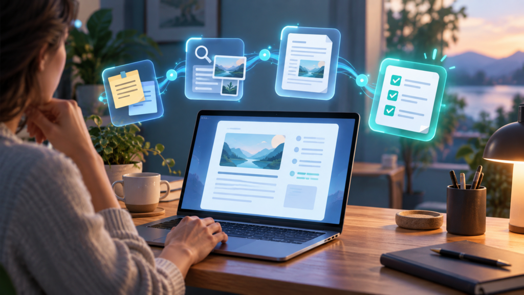 Person reviewing work on a laptop, with connected visual cards for notes, research, a document and a checklist.